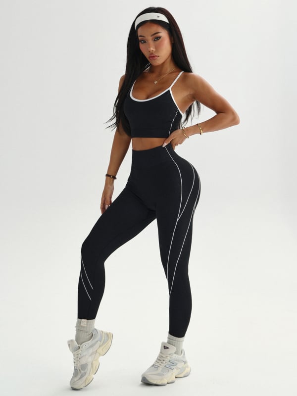 Европейски и американски нов стил женски йога комплект с контрастни цветове, тесни панталони за йога с висока талия за повдигане на ханша, тънки презрамки, спортен сутиен и бельо