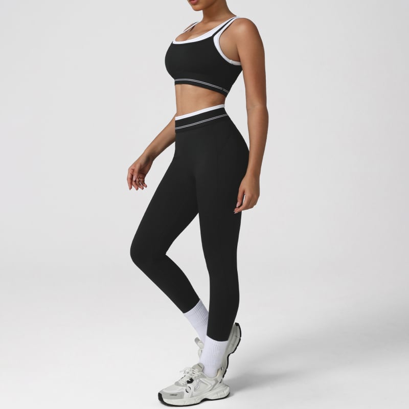 Дамски безръкав спортен комплект с контрастни цветове за йога, топ и клин за повдигане на ханша