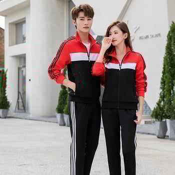 2023 Σετ μακρυμάνικου αθλητικού συνόλου για άνδρες και γυναίκες, δύο τεμάχια, κόκκινο με μαύρες τρεις ρίγες