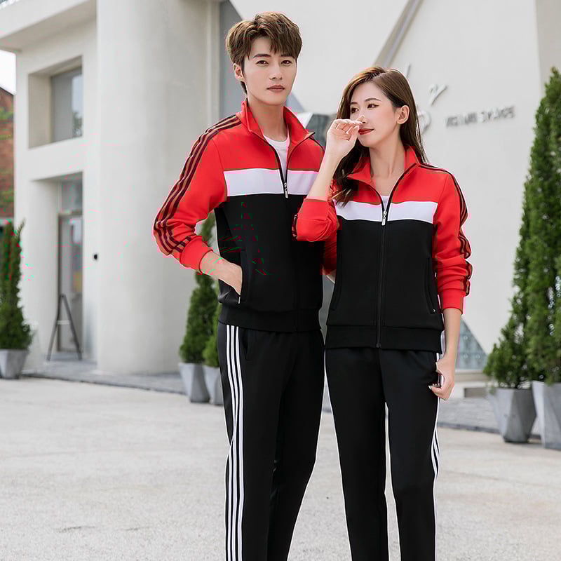 2023 Σετ μακρυμάνικου αθλητικού συνόλου για άνδρες και γυναίκες, δύο τεμάχια, κόκκινο με μαύρες τρεις ρίγες