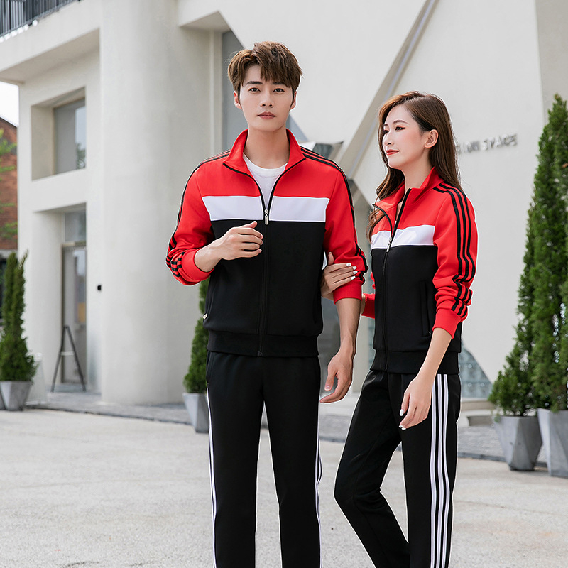 2023 Σετ μακρυμάνικου αθλητικού συνόλου για άνδρες και γυναίκες, δύο τεμάχια, κόκκινο με μαύρες τρεις ρίγες