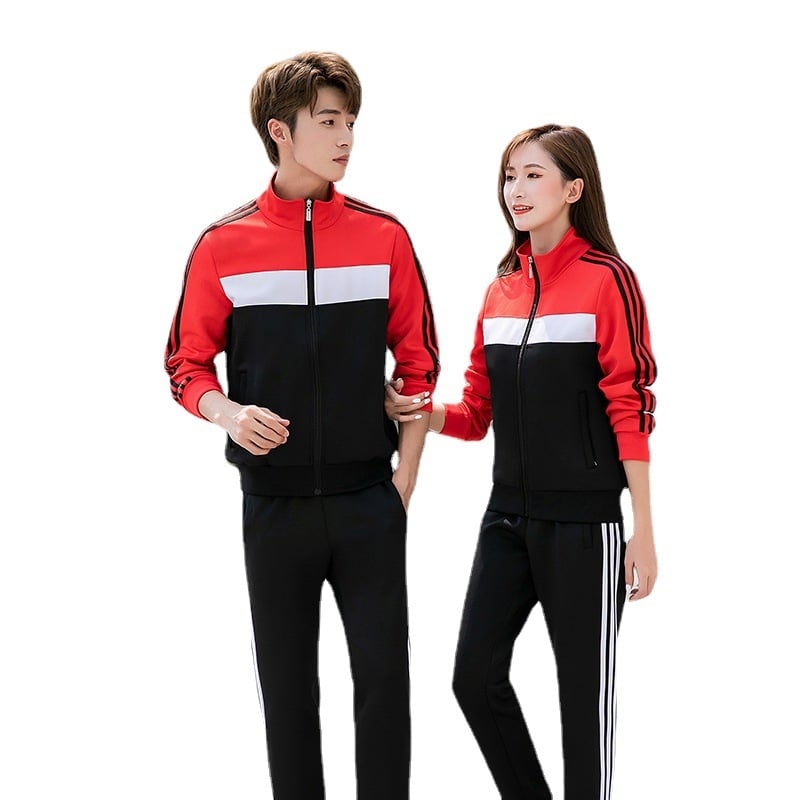 2023 Σετ μακρυμάνικου αθλητικού συνόλου για άνδρες και γυναίκες, δύο τεμάχια, κόκκινο με μαύρες τρεις ρίγες