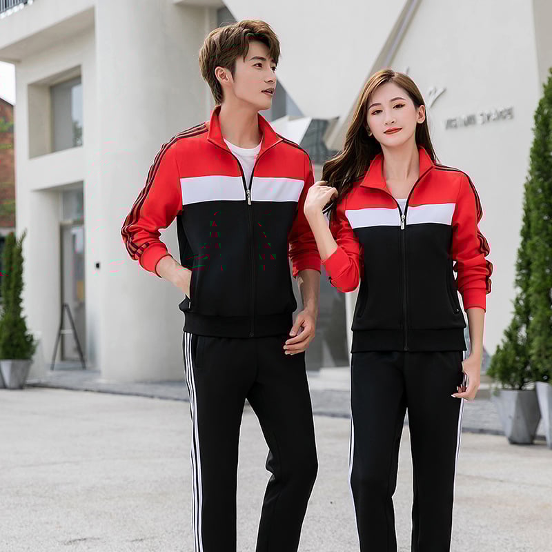 2023 Σετ μακρυμάνικου αθλητικού συνόλου για άνδρες και γυναίκες, δύο τεμάχια, κόκκινο με μαύρες τρεις ρίγες