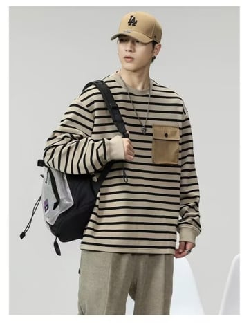 2024 мъжки пуловер с дълги ръкави, райе и джоб, кръгло деколте