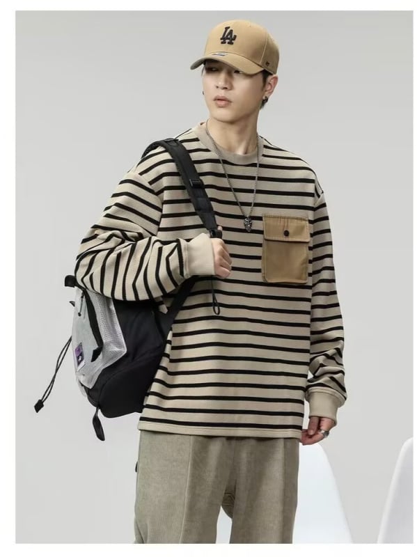 2024 мъжки пуловер с дълги ръкави, райе и джоб, кръгло деколте