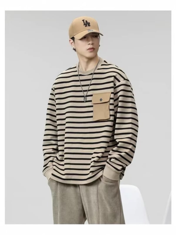 2024 мъжки пуловер с дълги ръкави, райе и джоб, кръгло деколте