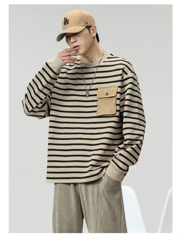 2024 мъжки пуловер с дълги ръкави, райе и джоб, кръгло деколте