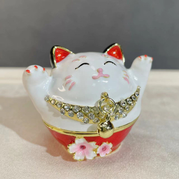 Metalna emajlirana kutijica za nakit u japanskom stilu, figura Maneki-Neko, mala dekorativna kutijica za prstenje, ručni rad