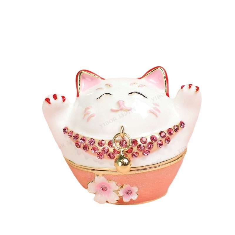 Metalna emajlirana kutijica za nakit u japanskom stilu, figura Maneki-Neko, mala dekorativna kutijica za prstenje, ručni rad