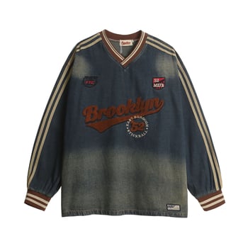 Унисекс американски ретро суитшърт от изтъркан деним с бродирани букви, V-образно деколте, свободна кройка