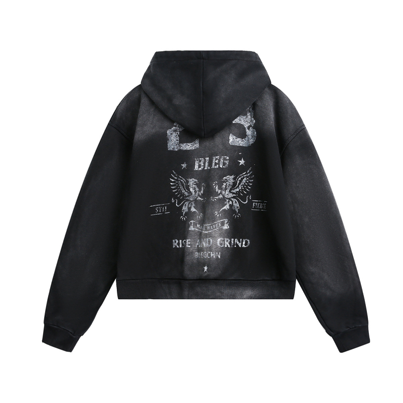 Uniszex kapucnis kardigán posztapokaliptikus stílusban, mosott hatás, 85% pamut, laza szabás, utcai divat