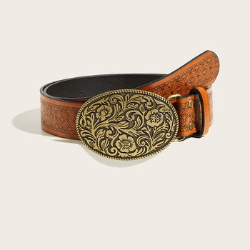 Дамски PU колан с овална резбована катарама, ретро печат в западен стил каубой, стилен колан за дънки