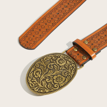 Дамски PU колан с овална резбована катарама, ретро печат в западен стил каубой, стилен колан за дънки