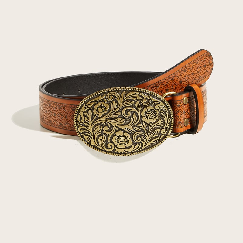 Дамски PU колан с овална резбована катарама, ретро печат в западен стил каубой, стилен колан за дънки