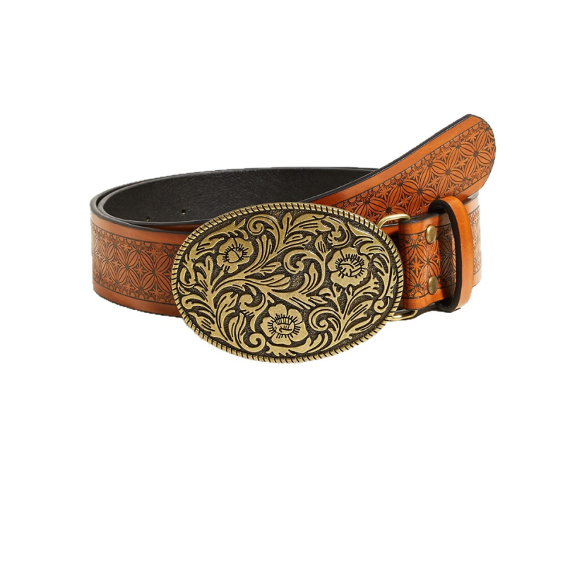 Дамски PU колан с овална резбована катарама, ретро печат в западен стил каубой, стилен колан за дънки
