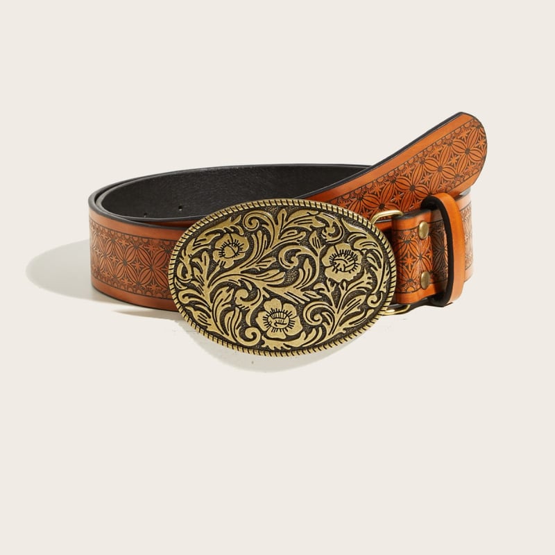 Дамски PU колан с овална резбована катарама, ретро печат в западен стил каубой, стилен колан за дънки