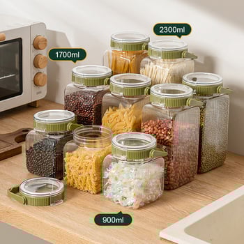 Съд за зърно със мерителна чашка – кухненски организатор за ориз, ечемик и други зърна (квадратен, 800-1000 ml)