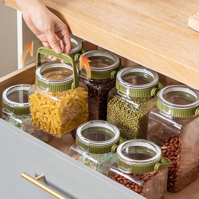 Съд за зърно със мерителна чашка – кухненски организатор за ориз, ечемик и други зърна (квадратен, 800-1000 ml)