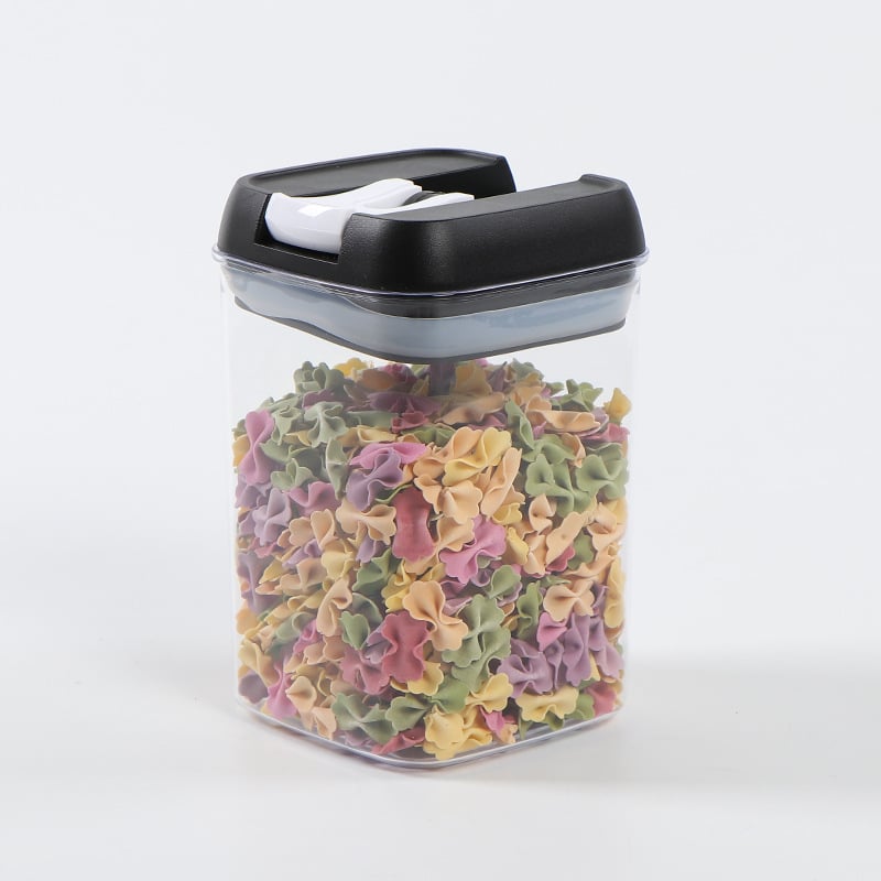 Прозрачен правоъгълен пластмасов съд за съхранение на зърнени култури в кухнята, херметично затварящ се