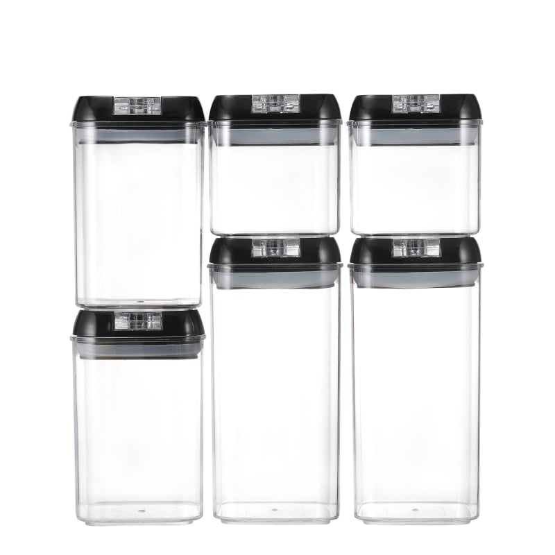 Прозрачен правоъгълен пластмасов съд за съхранение на зърнени култури в кухнята, херметично затварящ се