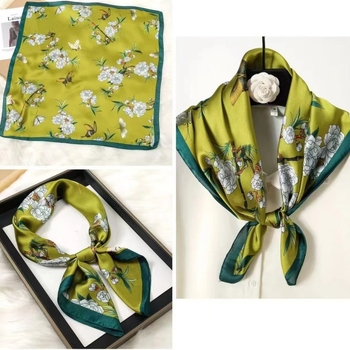 Poliészterből készült kis négyzet alakú sál virágos‑pillangó mintával, 70×70 cm, könnyű, elegáns, minimalist stílus koreai hatással