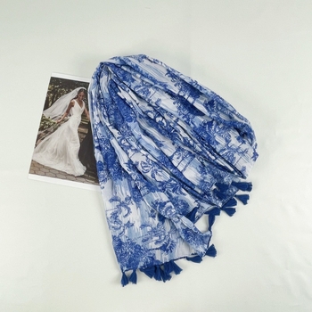 Kék nyomott sál bojtokkal, női hosszú sál tavasz-nyár, pamut-len érzetű
