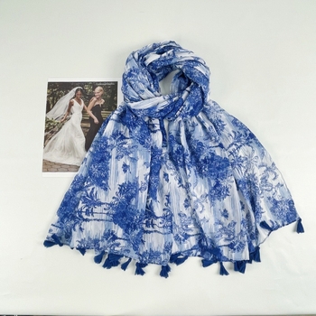 Kék nyomott sál bojtokkal, női hosszú sál tavasz-nyár, pamut-len érzetű