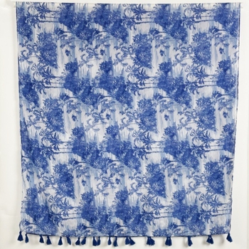 Kék nyomott sál bojtokkal, női hosszú sál tavasz-nyár, pamut-len érzetű