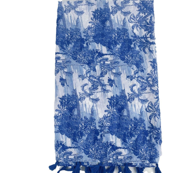 Kék nyomott sál bojtokkal, női hosszú sál tavasz-nyár, pamut-len érzetű