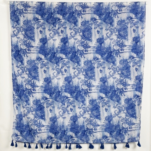 Kék nyomott sál bojtokkal, női hosszú sál tavasz-nyár, pamut-len érzetű