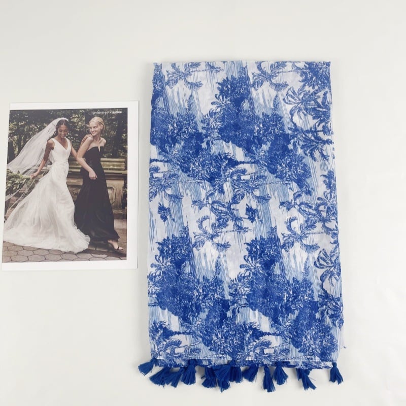 Kék nyomott sál bojtokkal, női hosszú sál tavasz-nyár, pamut-len érzetű