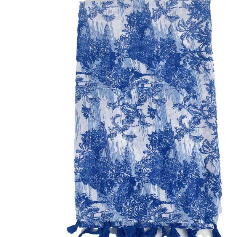 Kék nyomott sál bojtokkal, női hosszú sál tavasz-nyár, pamut-len érzetű