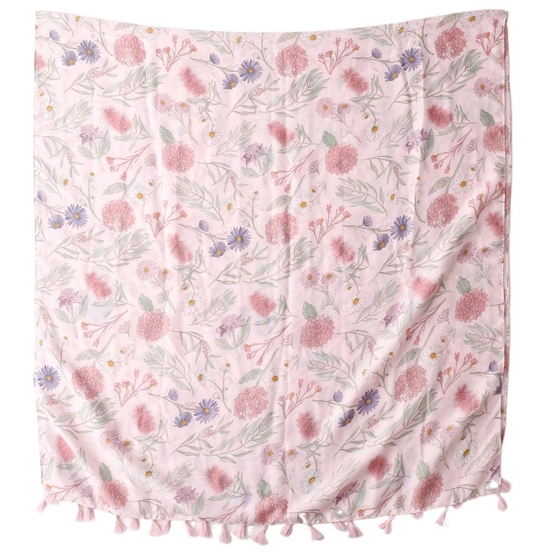 Rózsaszín virágos sál tavasz- és nyárra, Bali fonalból készült pamut-lin anyag, könnyű utazó kendő nőknek