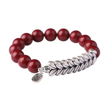 Φυσικό κινναβαρ βραχιόλι σε κινεζικό στυλ, unisex, με ασημένιο μοτίβο σιταριού
