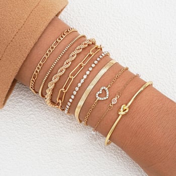 Σετ εννέα βραχιόλια με κόμπωση και στρας σε αλυσίδα – καρδιά και γεωμετρικά σχήματα, απλό, πολυχρηστικό γυναικείο κόσμημα