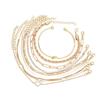 Σετ εννέα βραχιόλια με κόμπωση και στρας σε αλυσίδα – καρδιά και γεωμετρικά σχήματα, απλό, πολυχρηστικό γυναικείο κόσμημα