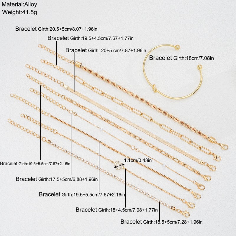 Σετ εννέα βραχιόλια με κόμπωση και στρας σε αλυσίδα – καρδιά και γεωμετρικά σχήματα, απλό, πολυχρηστικό γυναικείο κόσμημα