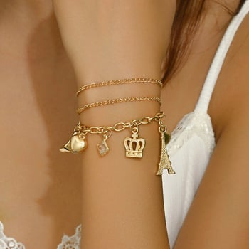 Γυναικείο πολυεπίπεδο βραχιόλι με αλυσίδες, κρεμαστή από κοχύλι σε σχήμα κορώνας και καρδιάς