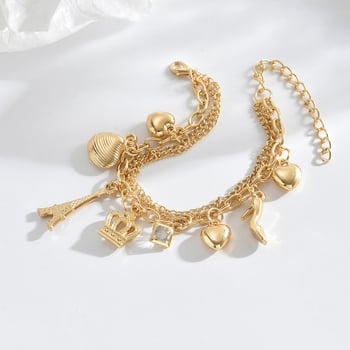 Γυναικείο πολυεπίπεδο βραχιόλι με αλυσίδες, κρεμαστή από κοχύλι σε σχήμα κορώνας και καρδιάς