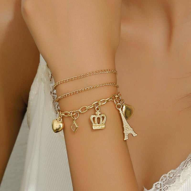 Γυναικείο πολυεπίπεδο βραχιόλι με αλυσίδες, κρεμαστή από κοχύλι σε σχήμα κορώνας και καρδιάς