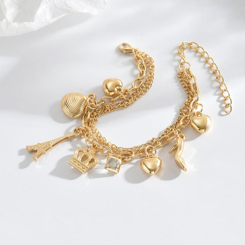 Γυναικείο πολυεπίπεδο βραχιόλι με αλυσίδες, κρεμαστή από κοχύλι σε σχήμα κορώνας και καρδιάς