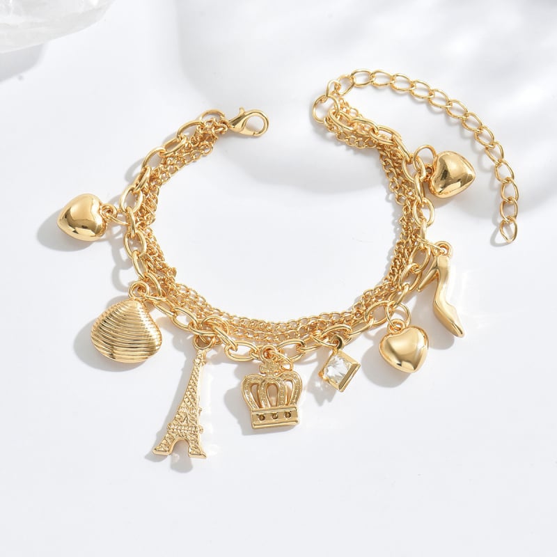 Γυναικείο πολυεπίπεδο βραχιόλι με αλυσίδες, κρεμαστή από κοχύλι σε σχήμα κορώνας και καρδιάς