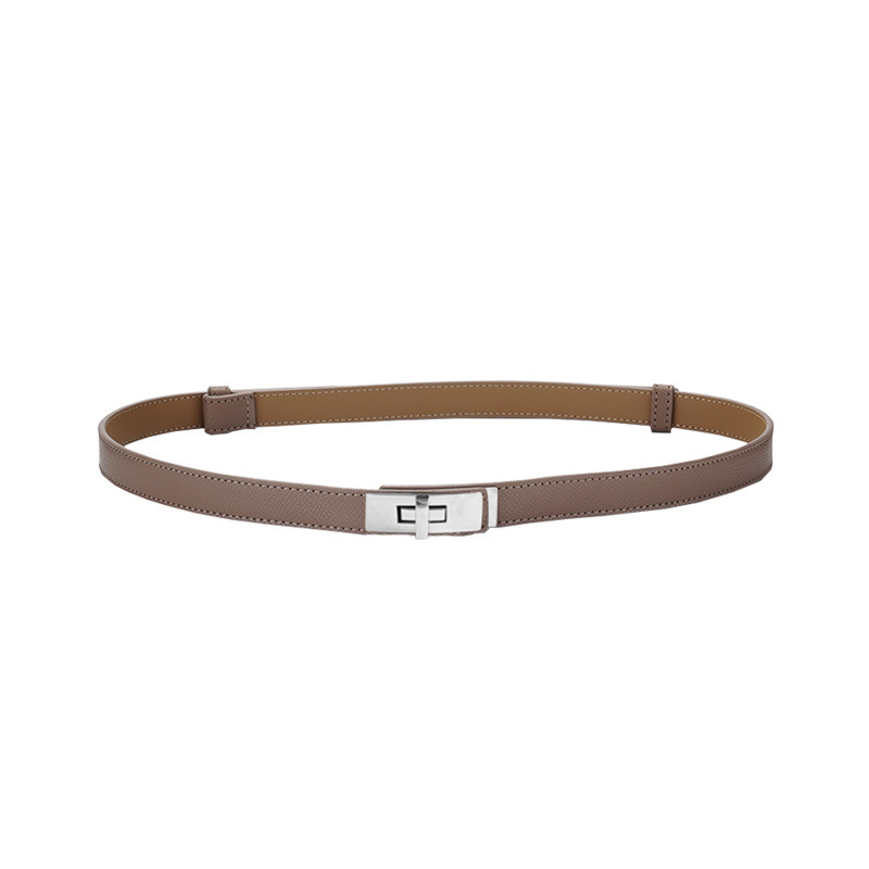 Дамски двуслоен колан от естествена кожа с правоъгълна катарама, декоративен за рокли, костюми и палта; стяга талията, без дупки