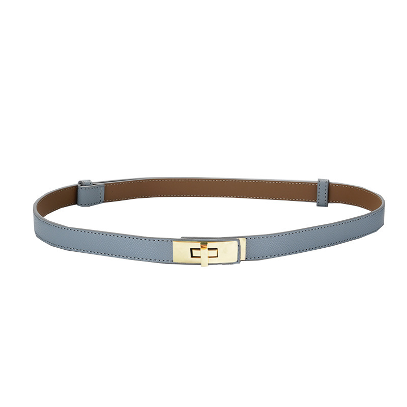 Дамски двуслоен колан от естествена кожа с правоъгълна катарама, декоративен за рокли, костюми и палта; стяга талията, без дупки