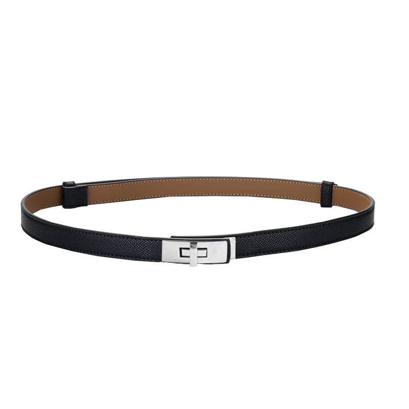 Дамски двуслоен колан от естествена кожа с правоъгълна катарама, декоративен за рокли, костюми и палта; стяга талията, без дупки