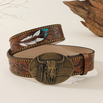 Дамски колан от PU кожа с дървени мъниста в синьо – ретро стил, елегантен и универсален за ежедневна употреба