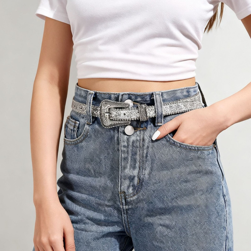 Ženski tanak kaiš s izgraviranom kopčom, PU koža, ukrašeni štrasom, ins stil, euro-američka moda, svestran dizajn