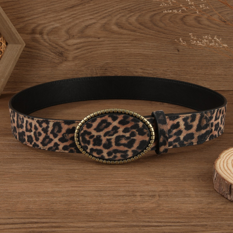 Ženski PU kožni kaiš s okruglom kopčom i leopardim uzorkom, europski i američki stil, vrhunski dekorativni kaiš za struk, originalni dizajn