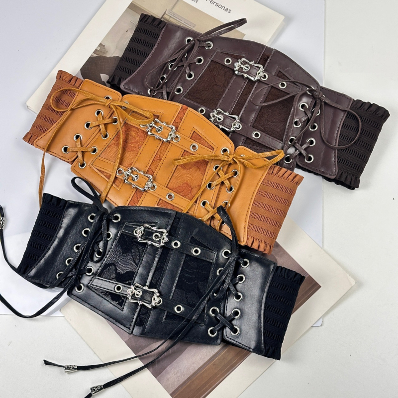 Ženski široki kaiš od PU kože s čipkastim detaljem i vezivanjem, retro stil, euro-američki