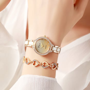 Дамски часовник в ретро стил с диамантено инкрустиране, кварцов механизъм, комплект часовник и гривна
